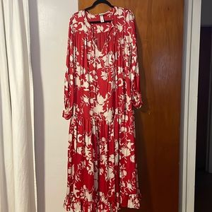 Johanna Ortiz for H&M long red and white flowered dress. The size runs big